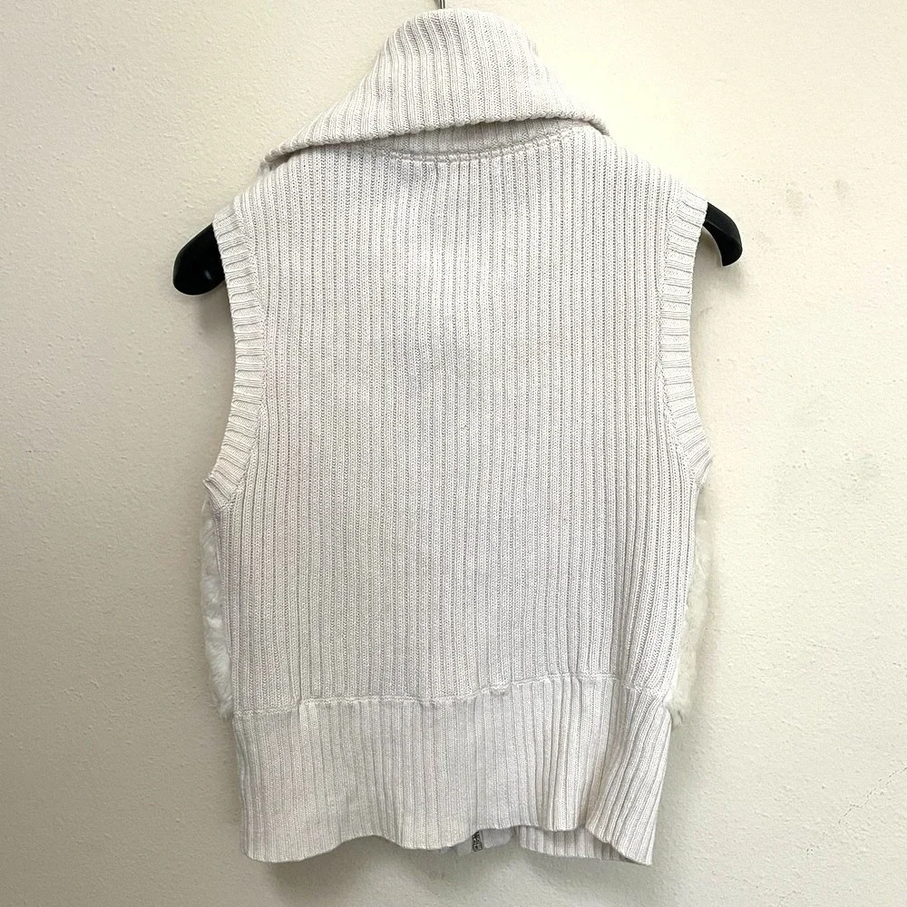 DKNY Jeans Women Cream Faux Fur Ribbed Knit‎ Full Zip Sweater Vest Size M